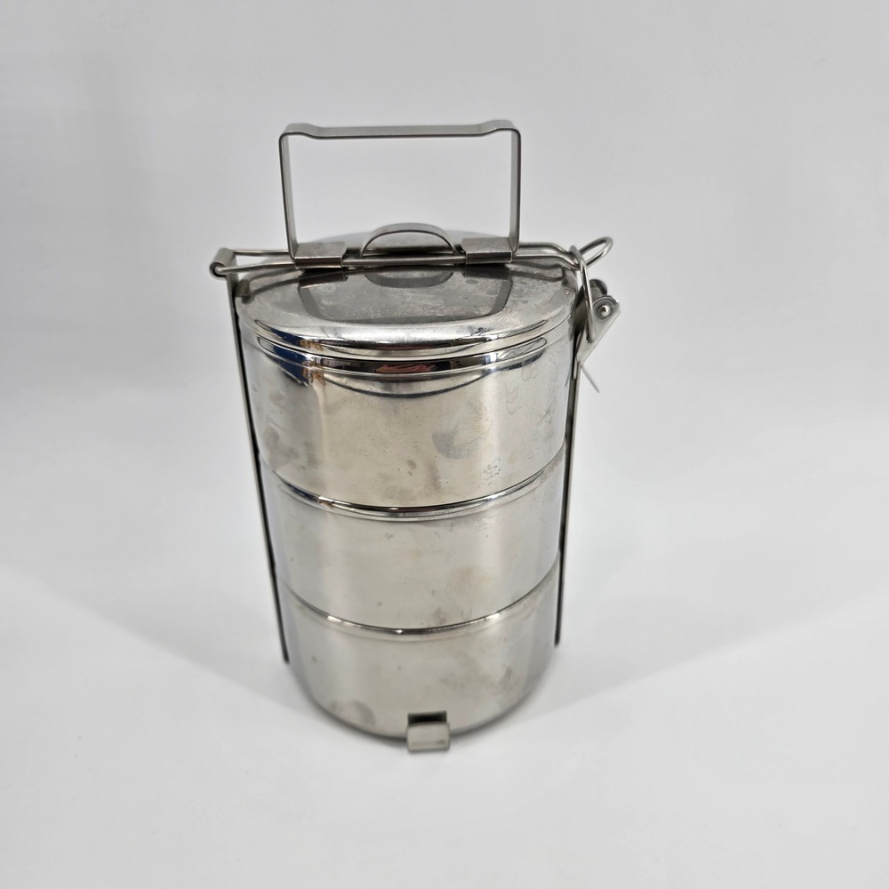 VTG Zebra Thailand Tiffin Lunch Box 3-Tier Stackable Stainless Steel Silver